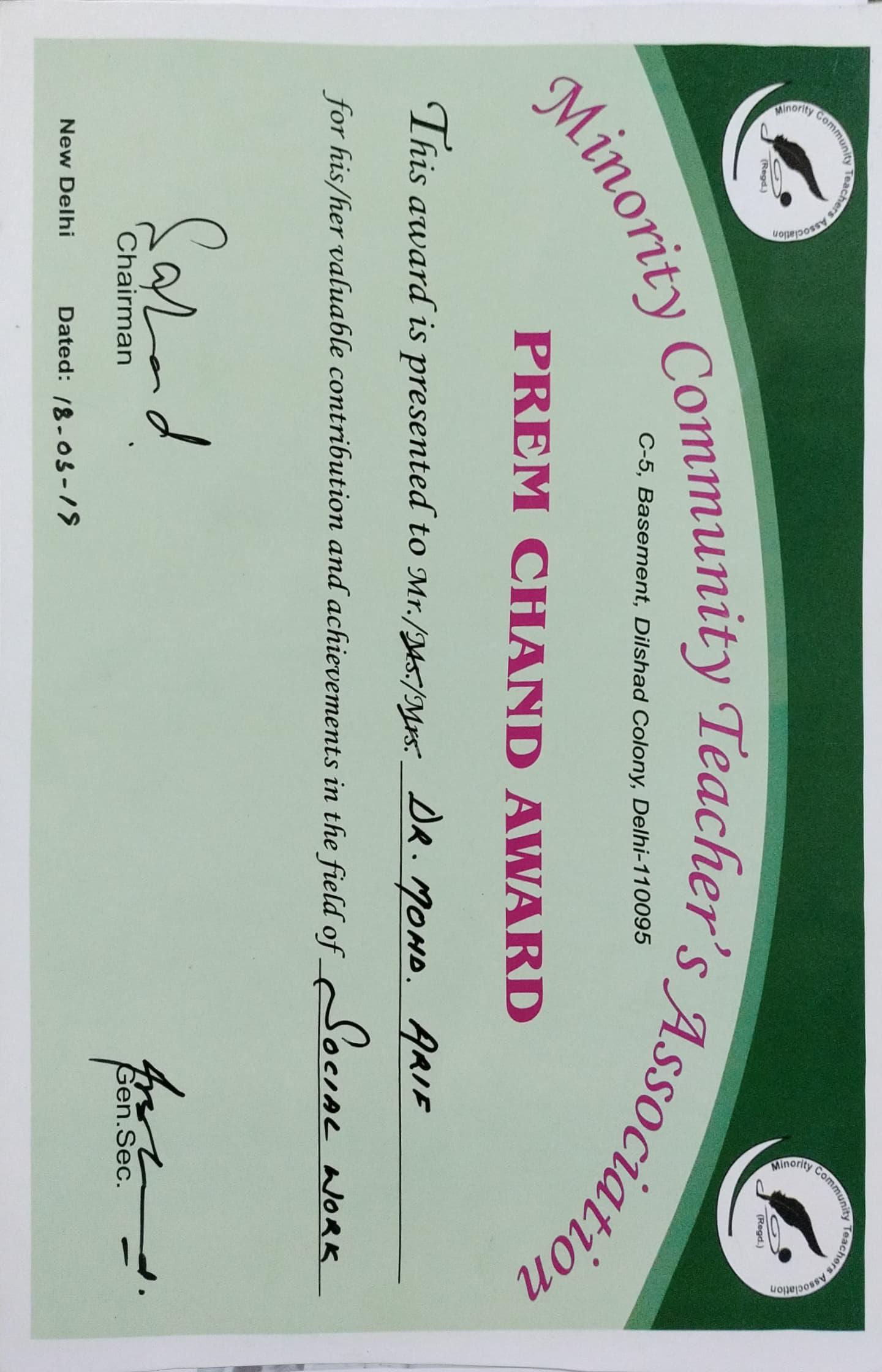 Prem Chand Award - Minority Community Teacher's Association — Social Work
